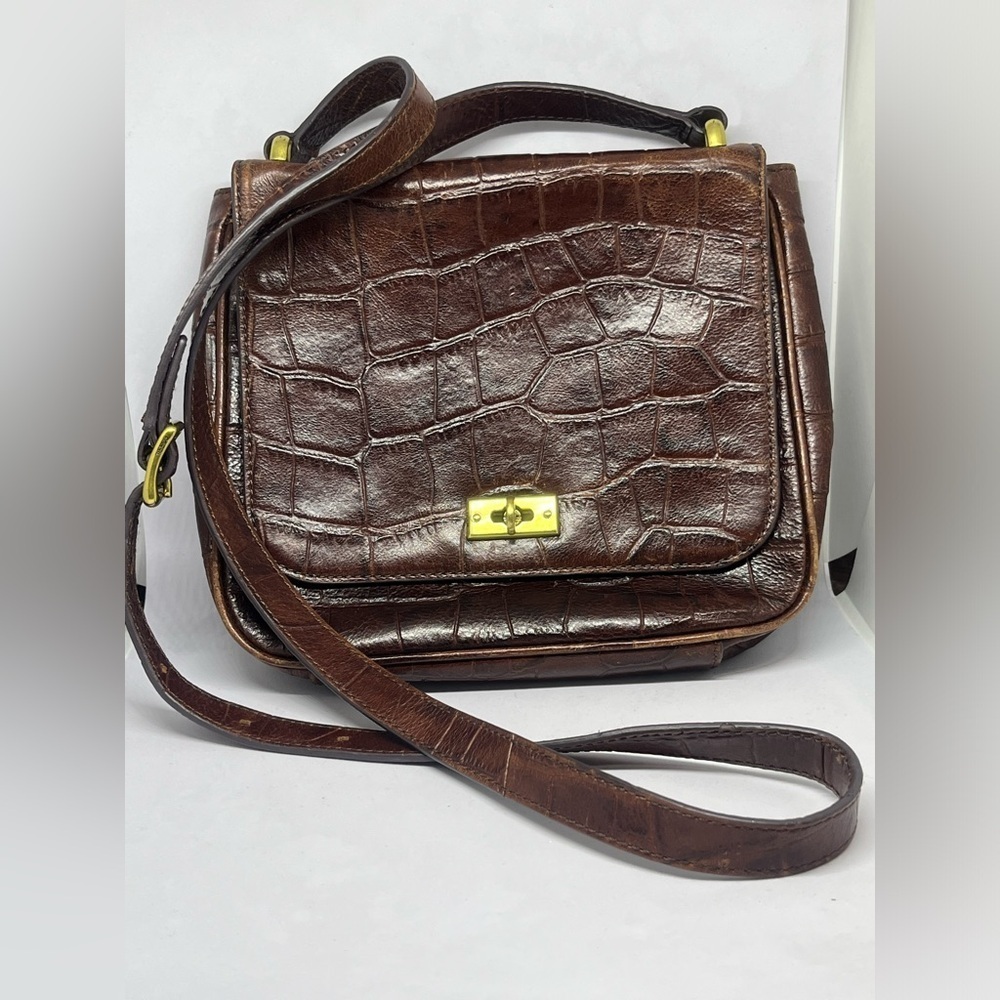 FOSSIL MEMOIR SMALL FLAP Brown Croc-Embossed Leather CROSSBODY BAG.